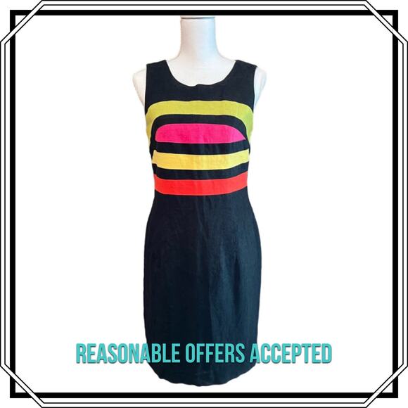 Santa Fe Dresses & Skirts - VINTAGE Santa Fe Linen Sleeveless Midi Dress Black Neon Stripe Size 8